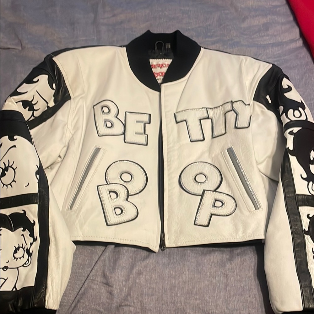 Betty Boop White and Black Bomber Jacket with Graphic Design